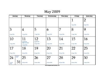 May 2009 Calendar with Jewish equivalents and holidays 