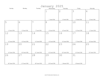 January 2025 Calendar with Jewish equivalents 