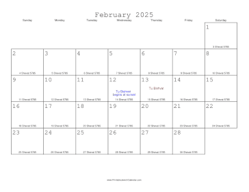 February 2025 Calendar with Jewish equivalents 