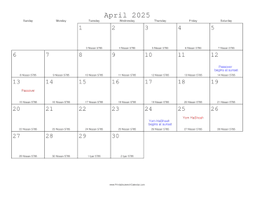 April 2025 Calendar with Jewish equivalents 