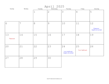 April 2025 Calendar with Jewish holidays 