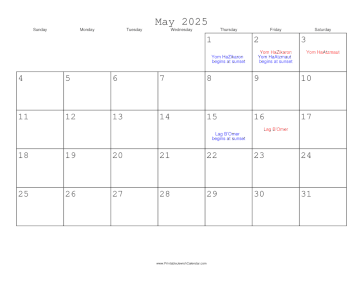 May 2025 Calendar with Jewish holidays 