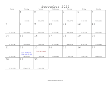 September 2025 Calendar with Jewish equivalents 