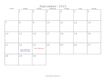 September 2025 Calendar with Jewish holidays 
