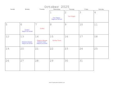 October 2025 Calendar with Jewish holidays 