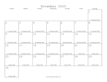 November 2025 Calendar with Jewish equivalents 