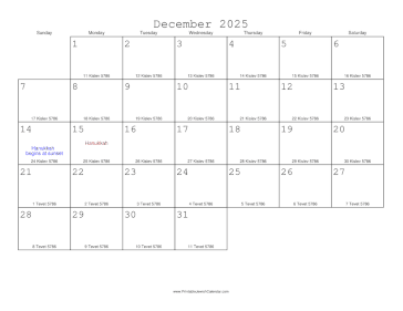 December 2025 Calendar with Jewish equivalents 