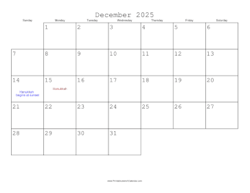 December 2025 Calendar with Jewish holidays 
