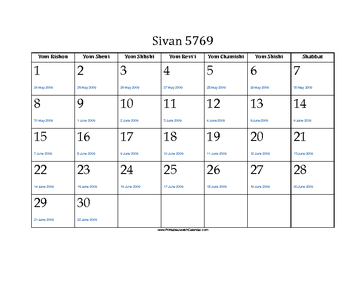 Sivan 5769 Calendar with Gregorian equivalents 