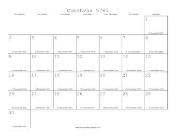 Cheshvan 5785 Calendar with Gregorian equivalents 