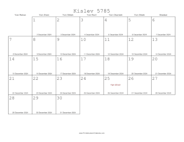 Kislev 5785 Calendar with Gregorian equivalents 