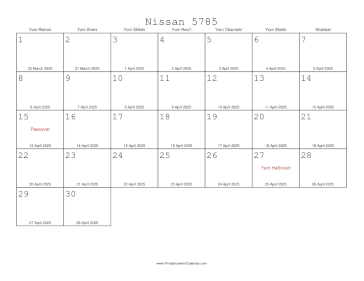 Nissan 5785 Calendar with Gregorian equivalents 