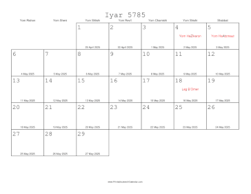 Iyar 5785 Calendar with Gregorian equivalents 