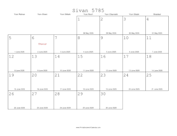 Sivan 5785 Calendar with Gregorian equivalents 