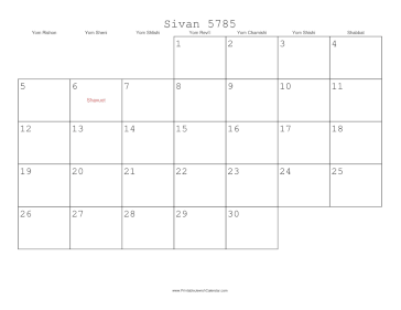 Sivan 5785 Calendar 